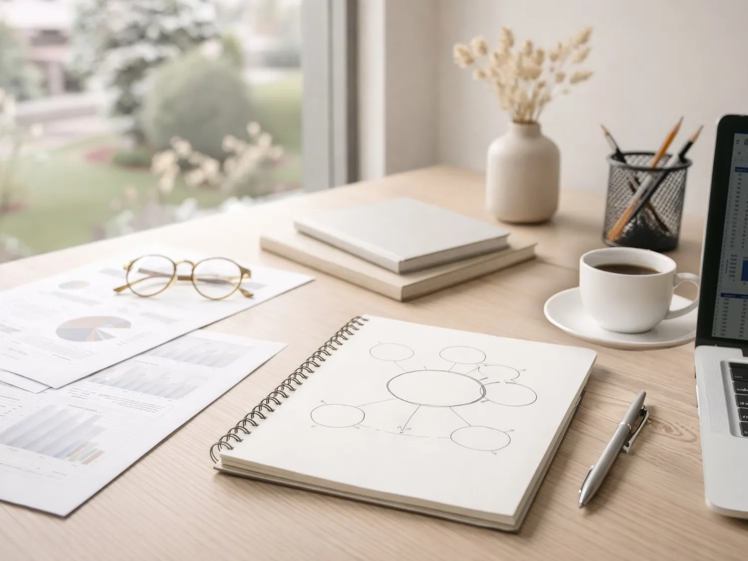Schreibtisch am Fenster mit Auswertungen, Notizbuch, Brille und Kaffee