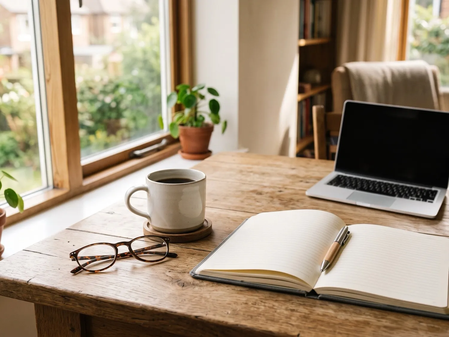 Schreibtisch am Fenster mit Kaffeetasse, Brille und aufgeschlagenem Notizbuch